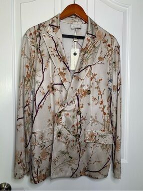 NWT Pierre-Louis Mascia Japanese Floral Print Double-Breasted Silk Blazer -M